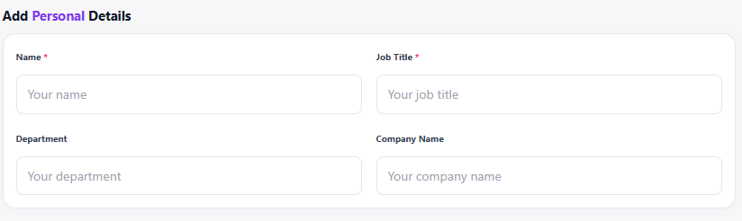 Signify digital business card editor with professional information fields for name, job title, department, and company name.