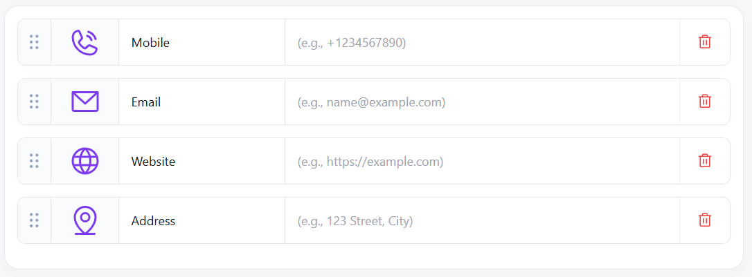 Signify digital business card editor showing contact methods and online profile fields for phone, email, website, social networks, and messaging services.