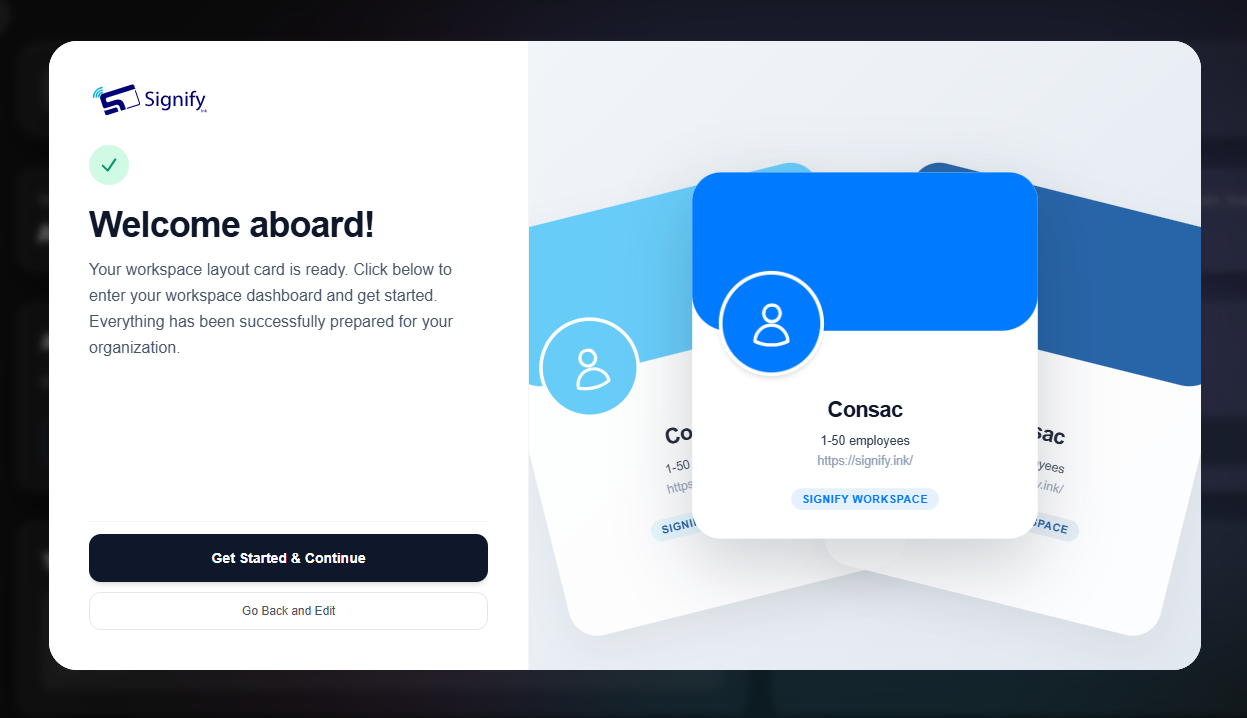 Signify Teams company setup modal with fields for company name, company size, company URL, and company logo upload, along with the Next and Get Started & Continue controls.
