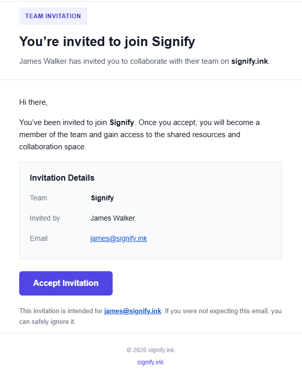 Signify Teams Manage Members page with an email address entered in the invitation field and the Send invitation button ready to be selected.