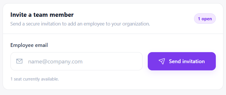 Signify Teams Manage Members page in the organization dashboard, showing the invitation field, member directory, and summary counters for active members, pending invitations, and available seats.