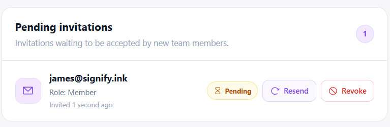 Signify Teams member directory showing a pending invitation row with the Resend and Revoke actions available in the invitation controls.