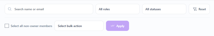 Signify Teams Members directory with the search field active and role and status filters applied to narrow the visible list of members and pending invitations.