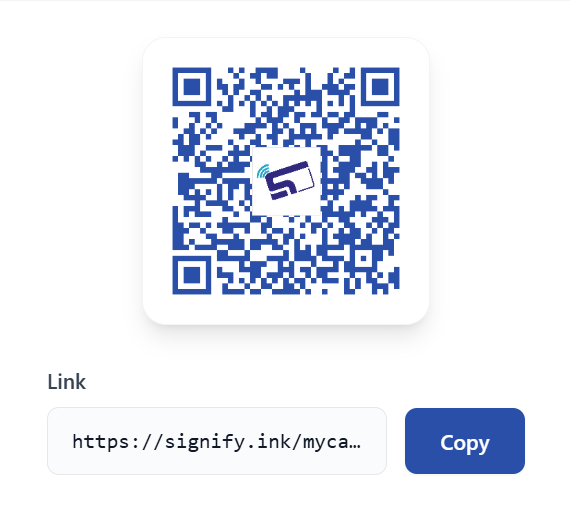 Signify Share your card dialog displaying the digital business card QR code, a shareable card link with a Copy button, and Download QR and Close controls.