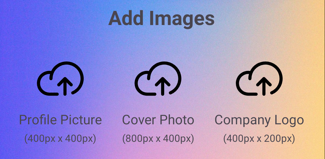 Upload areas for profile picture, cover photo, and logo