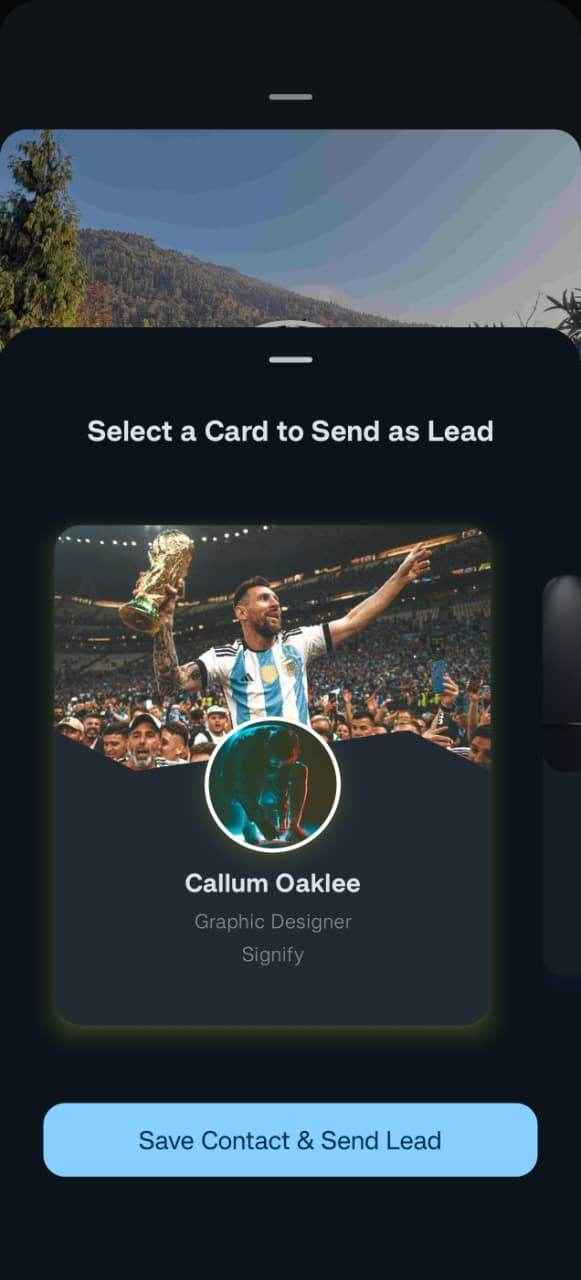 Signify mobile app showing a shared digital business card with options to save the card to Contacts or send a lead.