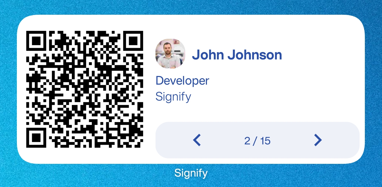 Signify mobile widget providing quick access to a digital business card sharing QR code.