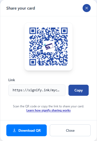 Signify web sharing modal showing the digital business card QR code, public card link, Copy action, and Download QR option.