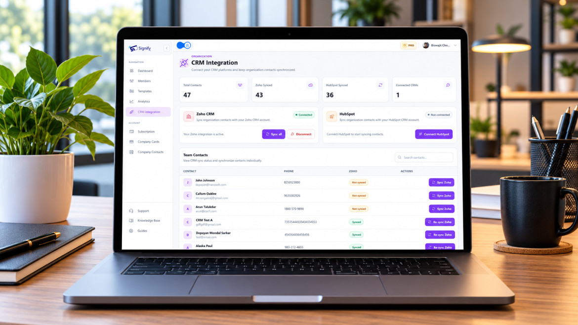 Signify Organization CRM Integration: Connect Zoho CRM and HubSpot